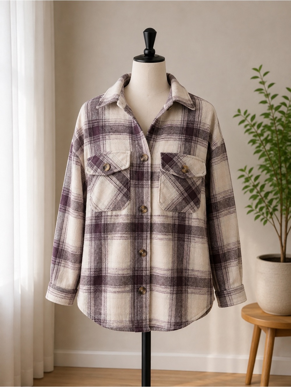 Streetwear Society Cream & Plum Plaid Shacket